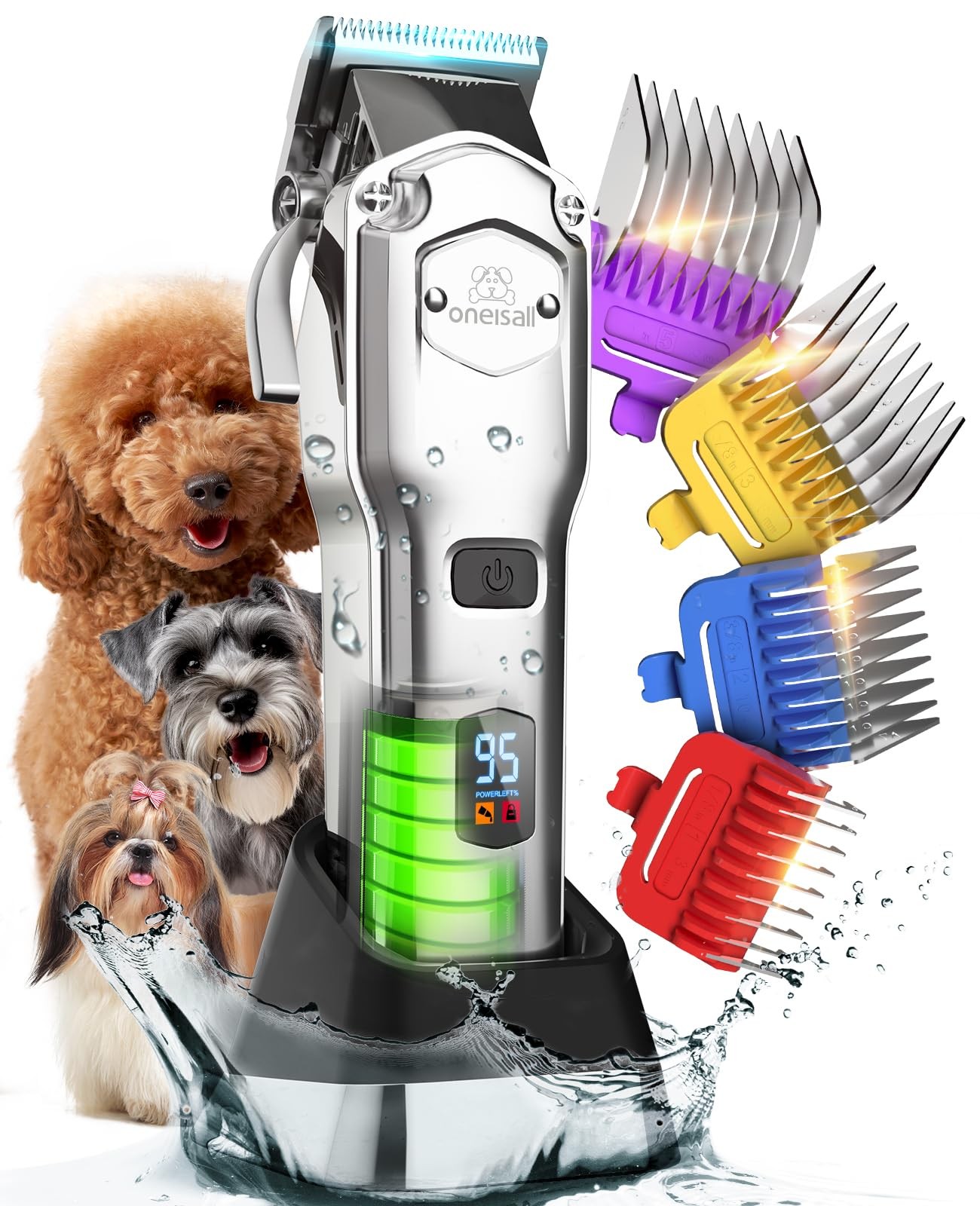 oneisall Cordless Dog Clippers - Rechargeable Grooming Kit with Metal Combs, Low