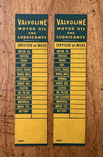 2 VINTAGE Valvoline Motor Oil And Lubricants Oil Change Service Reminder Tags