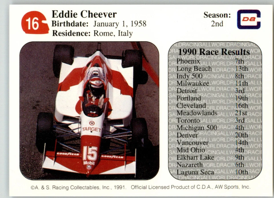 Eddie Cheever - 1991 All World - #16 - Racing - Image 2 of 2