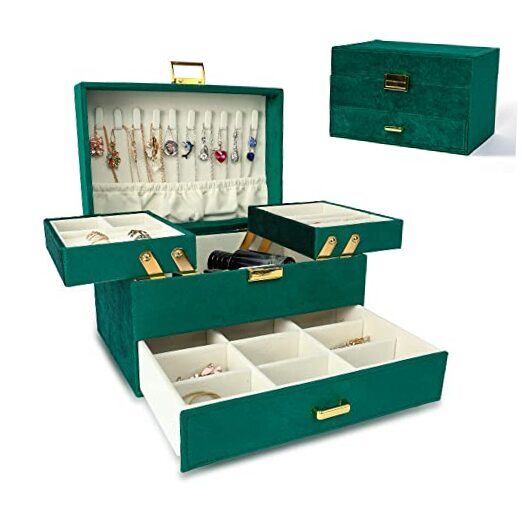 3-Layer Velvet Jewelry Organizer Box for Women in Blackish Green-image