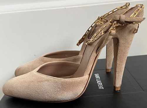 Saint Laurent YSL Venus Beige Suede Gold Chain Strap Pointed Pumps 36.5 6.5 $995 - Picture 19 of 21