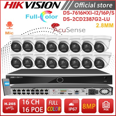 Hikvision 16CH 16POE 8MP ColorVu AcuSense Mic Turret IP Camera CCTV System Lot