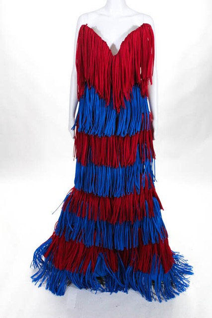 red and blue fringe dress