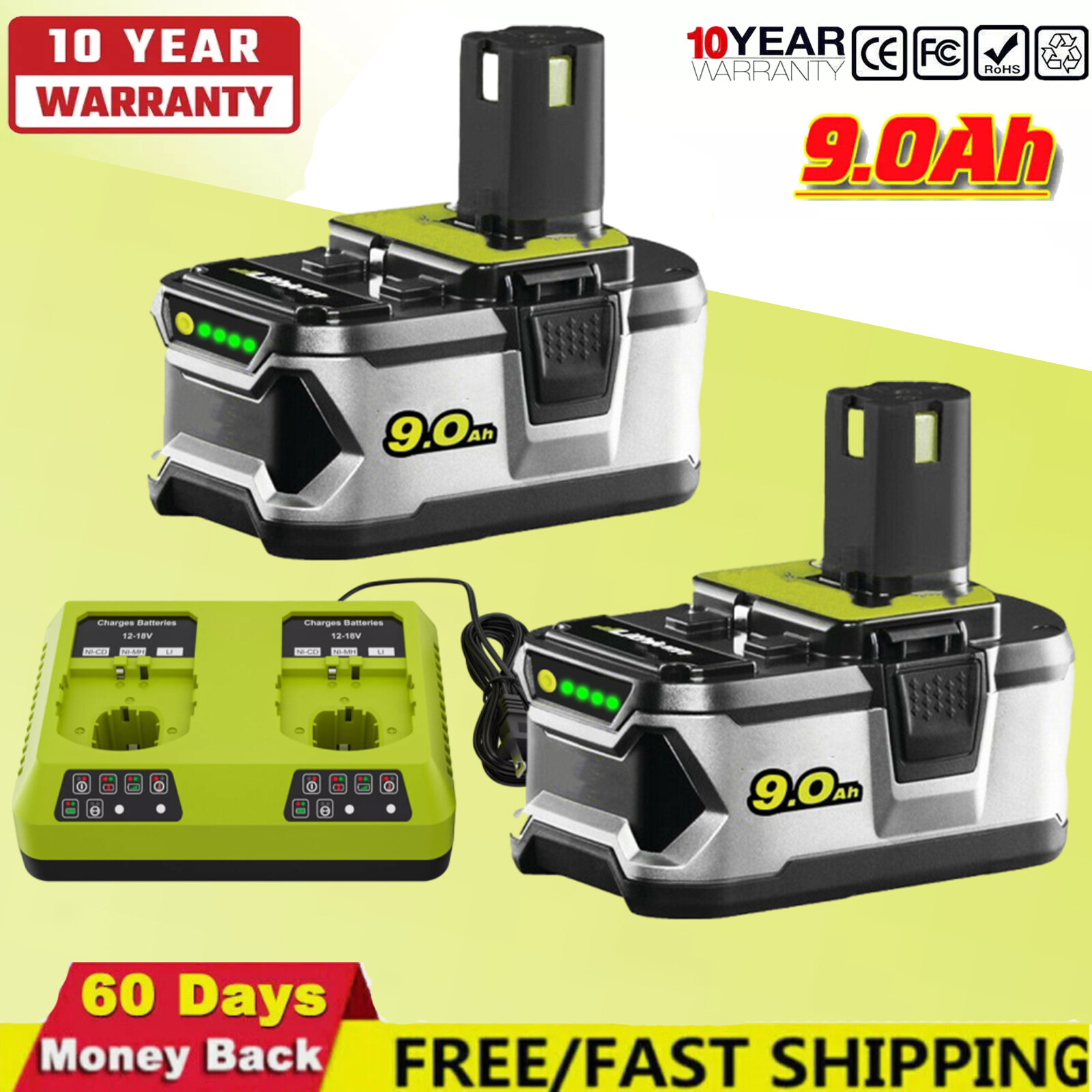 For RYOBI P108 18V One Plus High Capacity Battery Lithium-Ion 8.0Ah Dual Charger