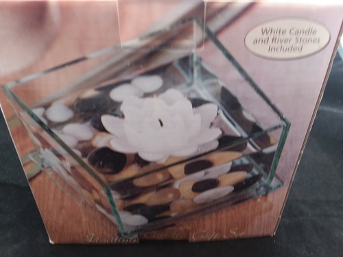 Interior Accents Gift Collection Glass Candle Holder River Stones White Candle - Picture 4 of 10