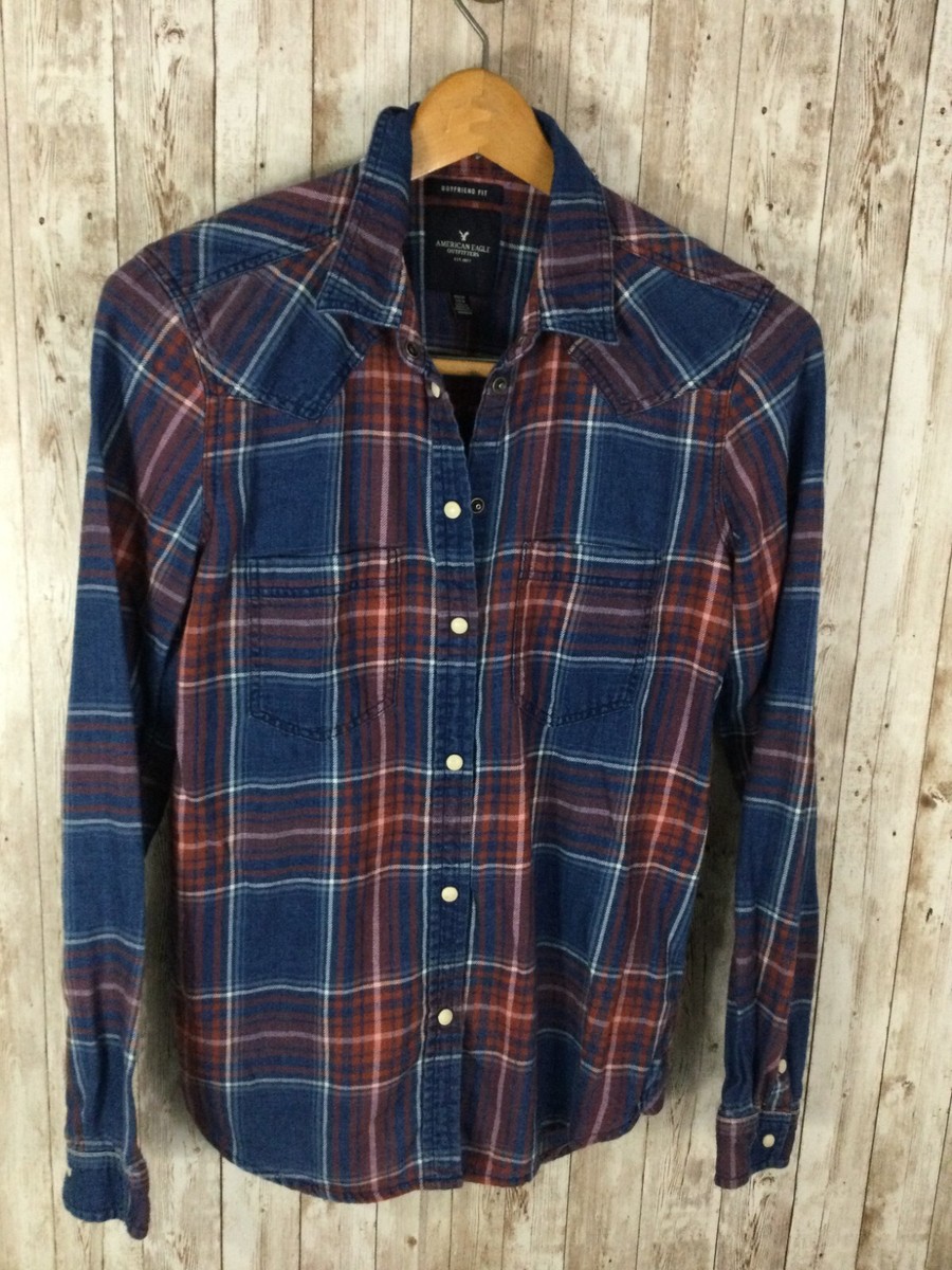 Women's American Eagle LS Shirt XS Boyfriend Fit Blue Plaid Snap Flannel  Soft