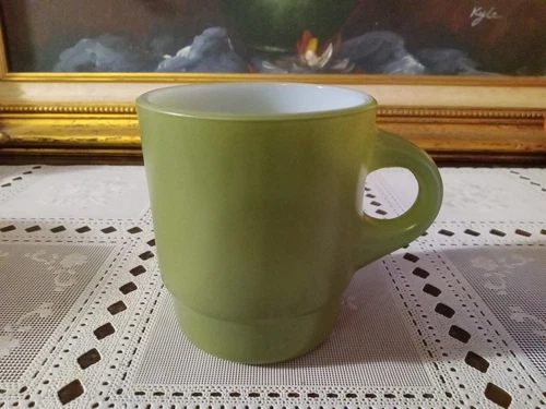 Vintage Anchor Hocking Fire King Olive Green Round Stackable Mug 