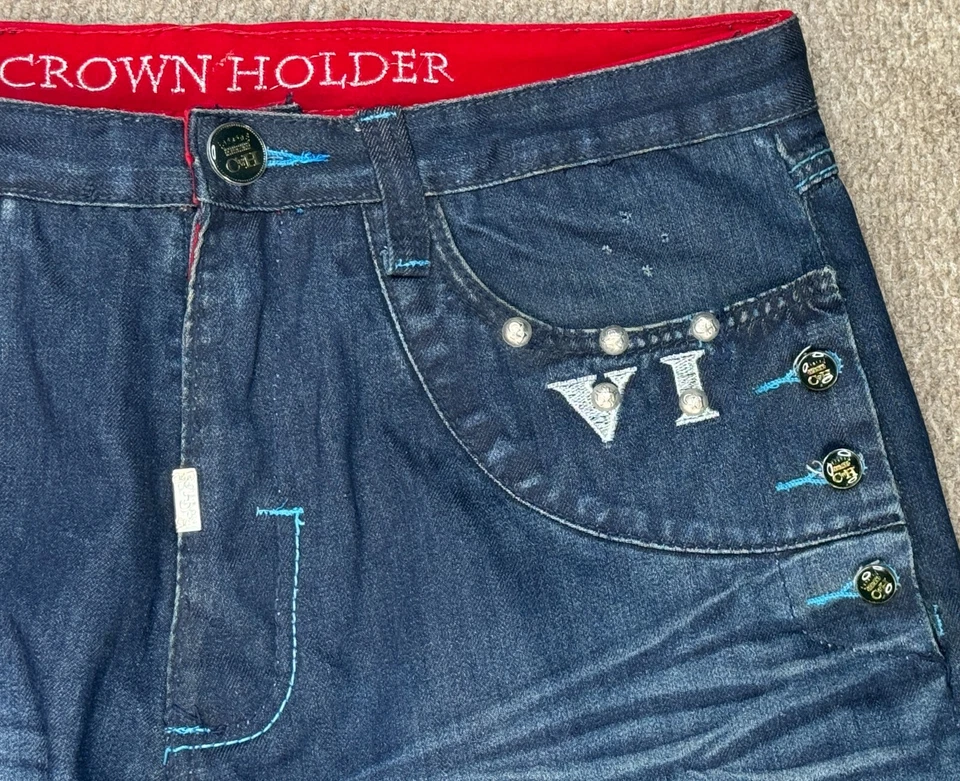 Crown Holder Mens Y2K Vtg Button Fly Embroidered Jeans Size 34x34 (Actual 36x33) - Image 4 of 4