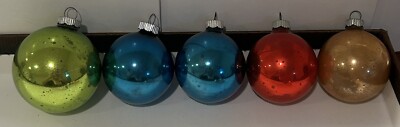 5 Vintage Shiny Brite Metallic Mercury Glass Balls Ornaments MCM Blue Green Red+