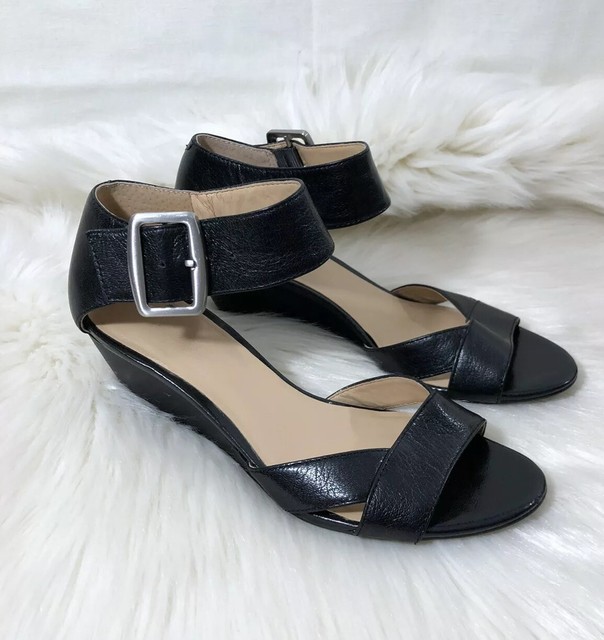 black leather ankle strap wedge sandals