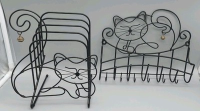 VINTAGE WHIMSICAL CAT KITTY KITTEN MAIL BASKET  KEY HOOK & CAT FOLDER RACK FILE 