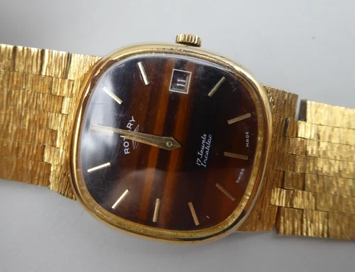 (M) Gent's Vintage Rotary Bark Effect Gold Plated Tigers Eye Wristwatch