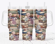 40oz Stainless Steel Sublimation Tumbler W/Handle~Books-Flowers-Coffee-Gift