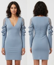 Express Dusty Blue Ruffle Sleeve Mini Dress - V-Neck, Mesh Dot Detail, Size S