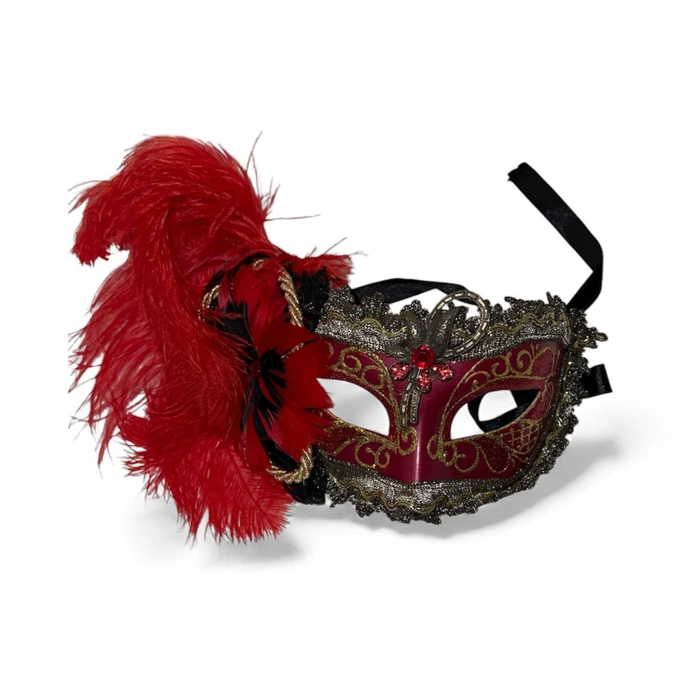 MACARADA VENECIANA PINTADA A MANO MÁSCARA ROJA HECHA EN ITALIA, VENECIA - Plumas Flor Foto 2 de 3