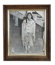 Vintage Framed Black & White Photo Young Native American Girl in Powwow Regalia