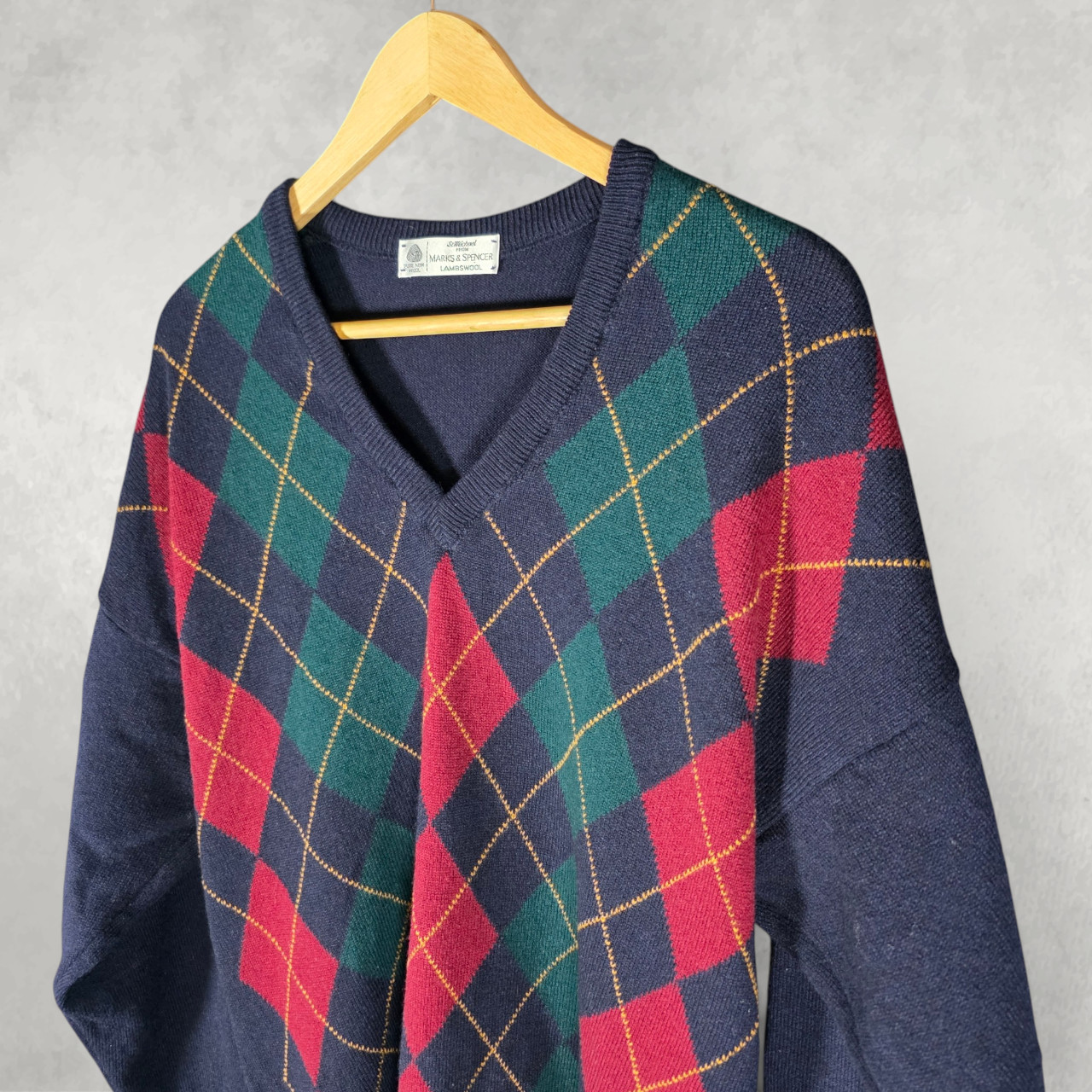 St Michael M&S Lambswool Jumper Mens Medium Argyle V Neck Knit Sweater Vintage image 2