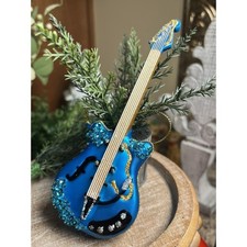 Retro Brilliant Blue Glitter Guitar-Shaped Christmas Ornament w/ Gold String U62