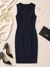 Elie Tahari Navy V-Neck Midi Sheath Dress