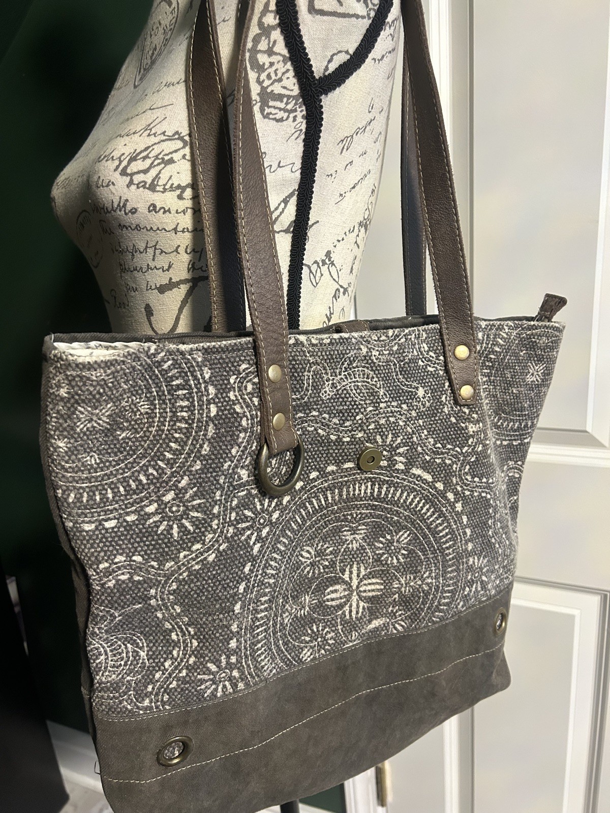 Myra Bag Canvas and Leather Grey/Brown Weekender Tote Upcycled Bag