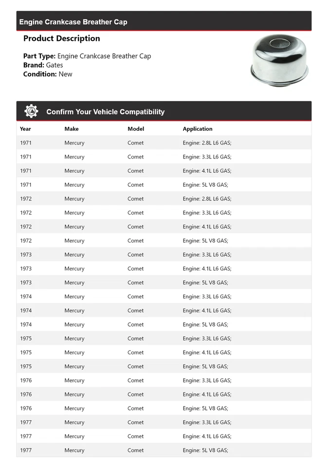 Puertas de tapa respirador cárter motor Mercury Comet 1971-1977 1972 1973 1974 Foto 2 de 4