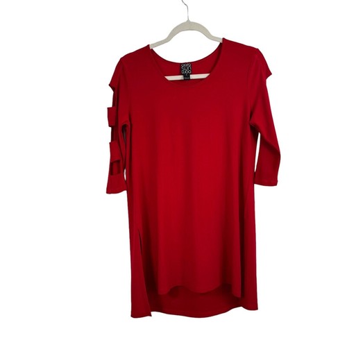 Clara Sun Woo Red Tunic Dress Ladder Cutout Sleeve Side Slits Womens Small