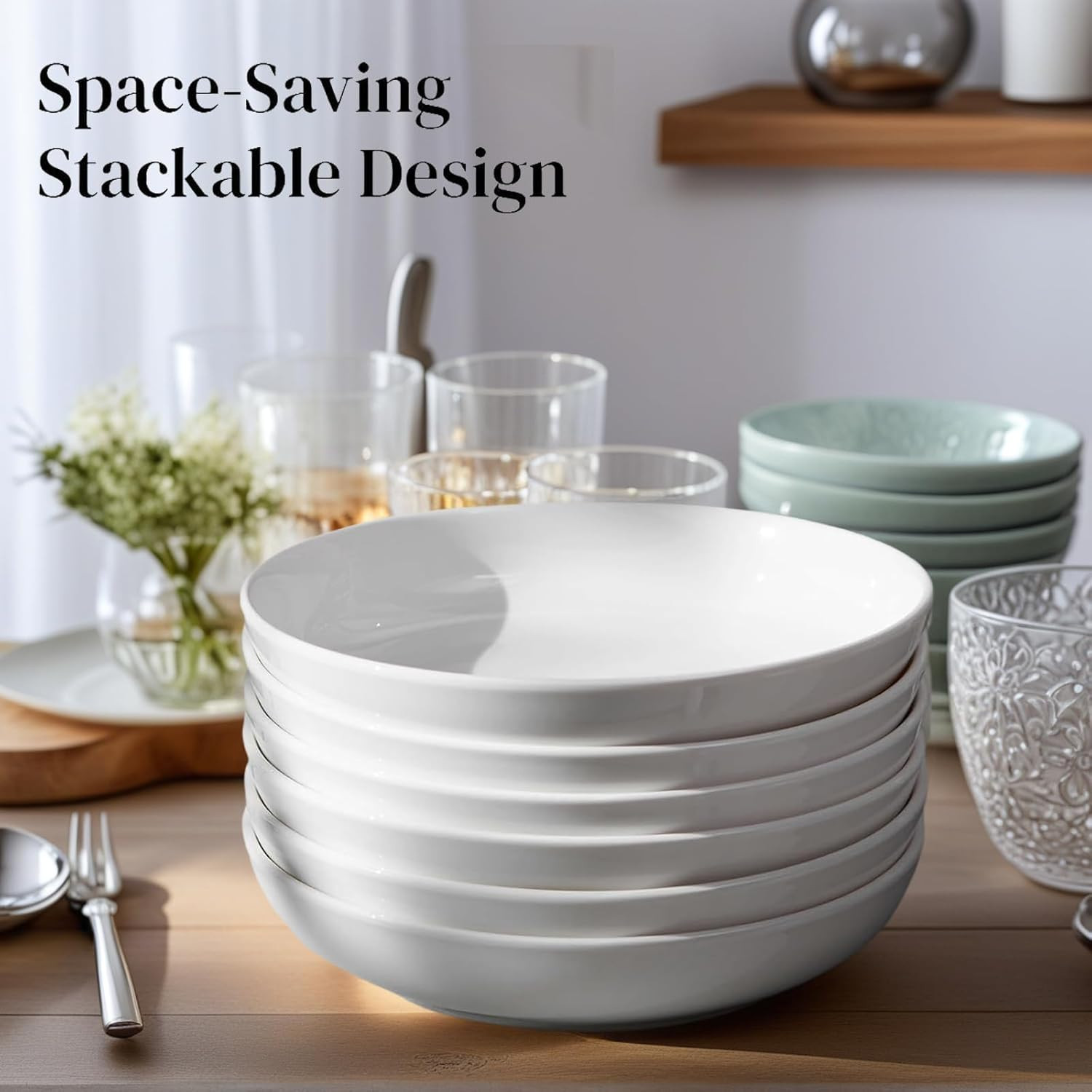 Deecoo 7 Pack Porcelain Pasta Bowls Ceramic , Large Serving Bowl, Wide and Shall