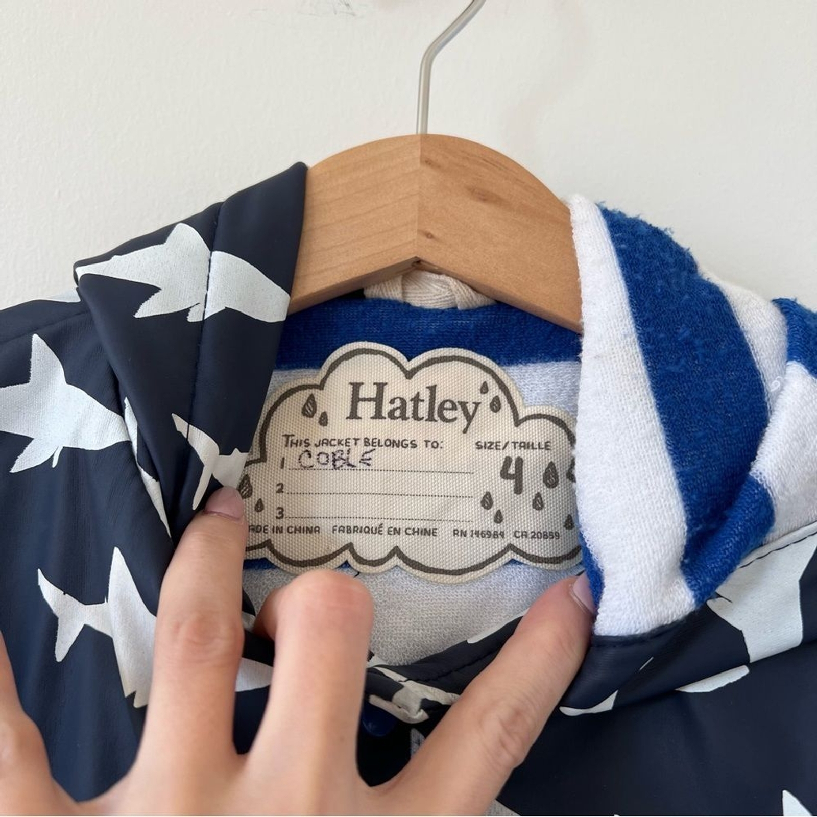 Hatley Raincoat Sharks with Terry Cloth Lining Blue/White Size 4 color