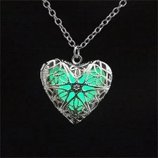 SCROLLED HEART LOCKET 1" Glow in the Dark Pendant 23" Luminous Necklace
