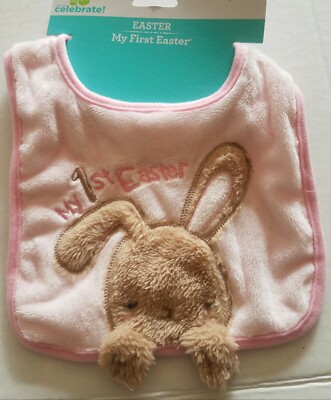 Way to Celebrate! My First Easter Baby Bib Pink with Tan Bunny 