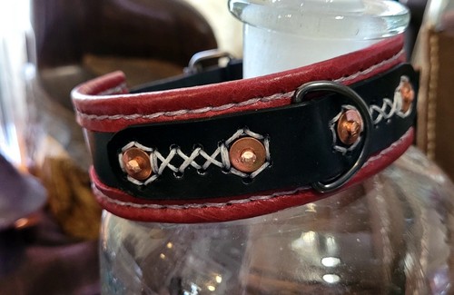 Hand Made Solid Veg Tanned Red on Black Leather Memosa Dog Collar or Rollplay - Afbeelding 4 van 4