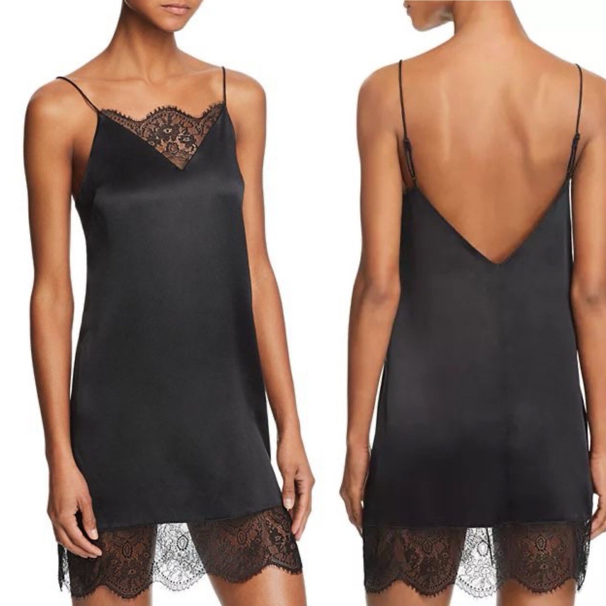 Ginia Scalloped Lace Trim Silk Chemise S Black V-neck Back Nightie Dress  Romance