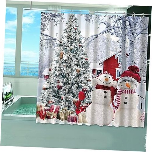 72 x 72 Inches Winter Christmas Shower Curtain Cute Snowman Snow Covered Orange