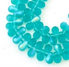50 Czech Frosted Sea Glass Teardrop Beads -Matte - Teal AB moonstone