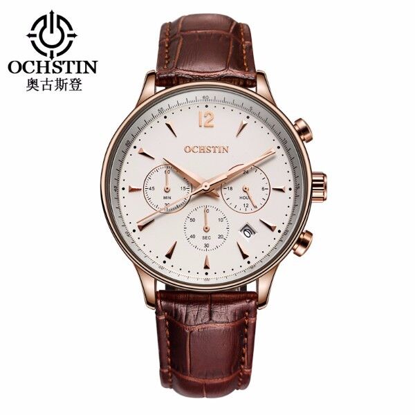 Mens Classic Chronograph Quartz Watch With Date - R Gold - Genuine Leather Strap
