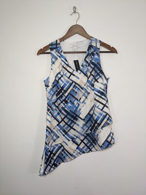 White House Black Market XXS Top Blue White Layers Asymmetrical V-Neck Chiffon