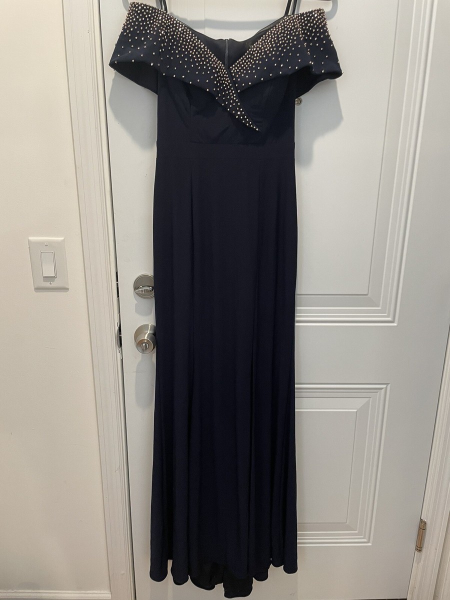 Xscape Gown Navy Blue Off-shoulder Rose Gold Beads Size 6 Slit Made In USA