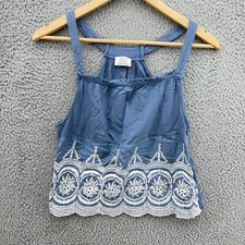 Zara Trafaluc Women s Small Blue Camisole Crop Tank Top White Embroidered Lace