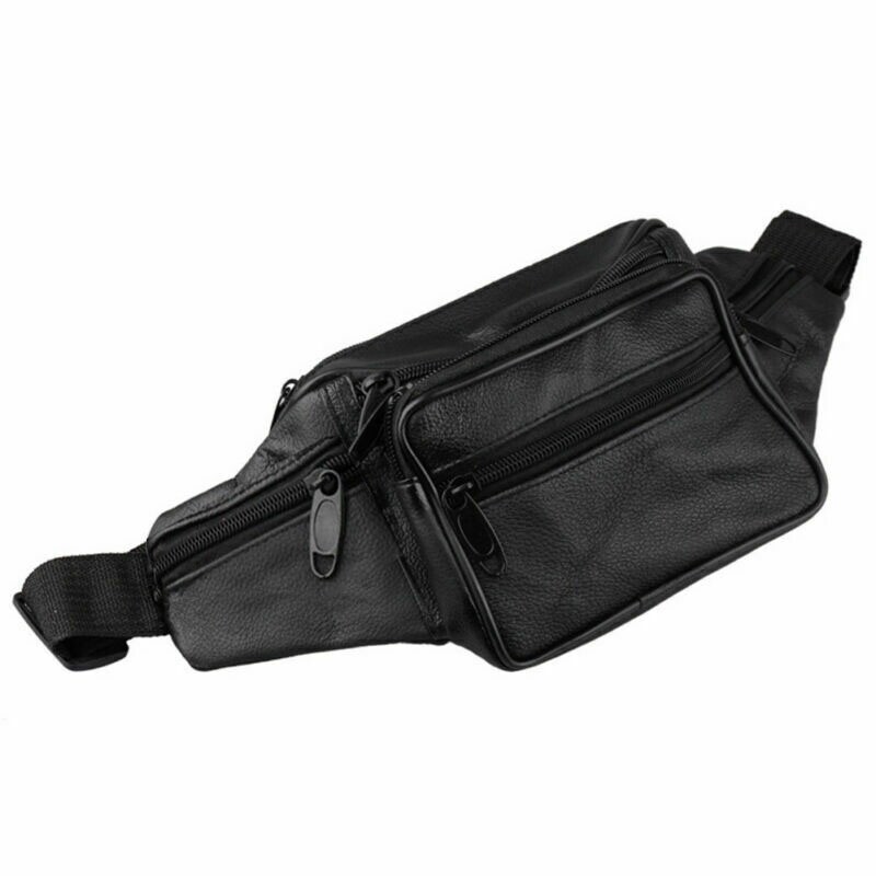 Black Genuine Leather Fanny Pack Phone Holder Waist Travel Hip Jogging
