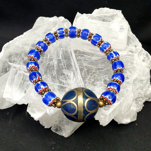 Vintage Beautiful blue Venetian chevron Beads with Afghan bead Bracelet - Picture 4 of 6