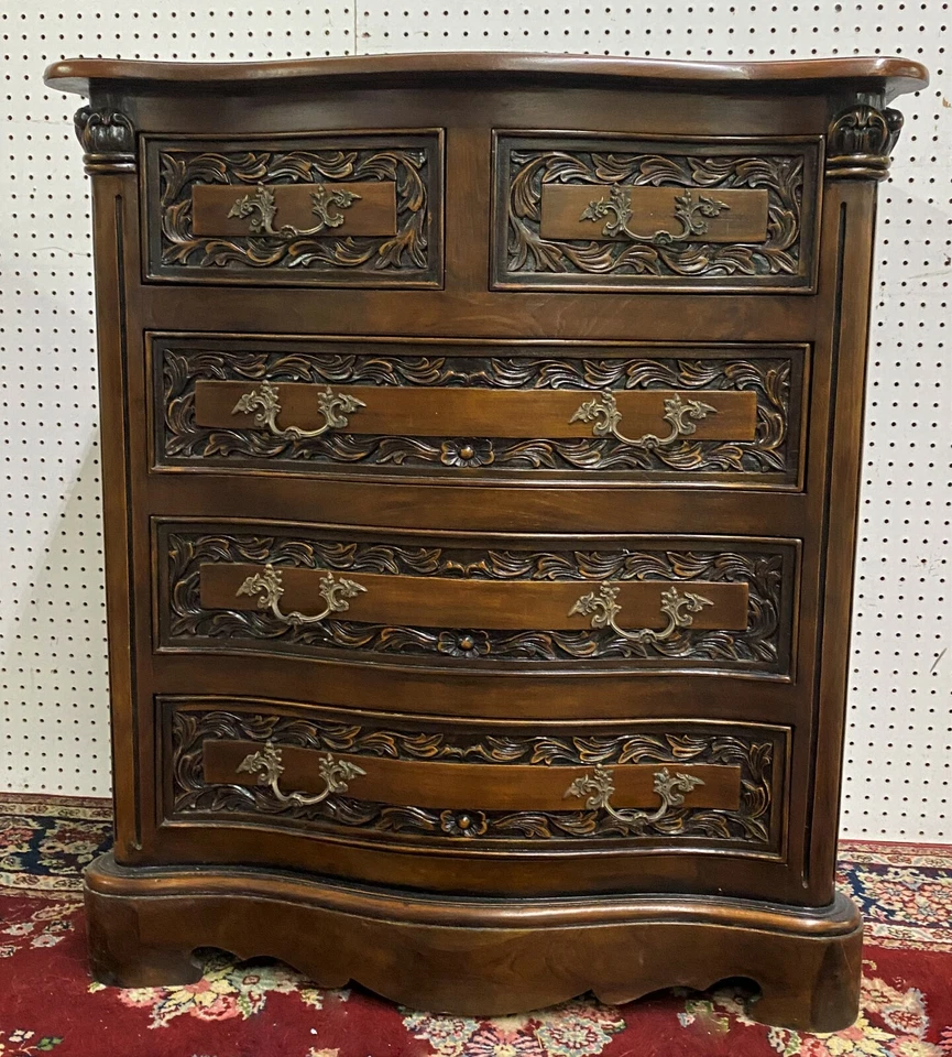 Estilo antiguo campestre francés tallado teca maciza cinco cajones laterales con paneles Foto 2 de 4