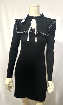 Zara High Collar Knit Dress Bow Detail Long Sleeve Ruffled Trim Black Small  BNWT | eBay