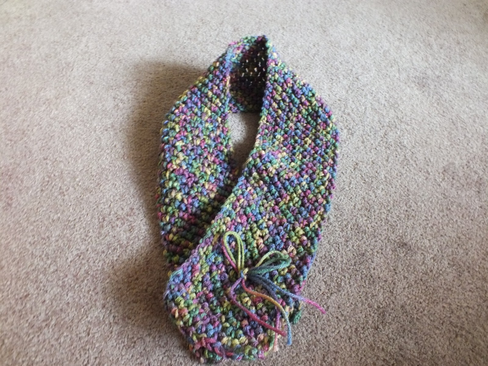 Handmade Crochet Cowl Scarf in Variegated Plum Green Blue Gold Yarn