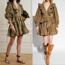 Ulla Johnson Olive Anais Embroidered Ruffle Mini Dress Size 6 Cotton Boho Chic