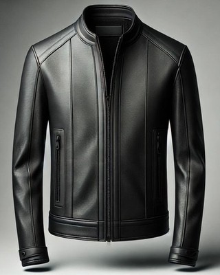 Men Black Genuine Leather Jacket Slim Fit Stand Collar Real Leather Coat