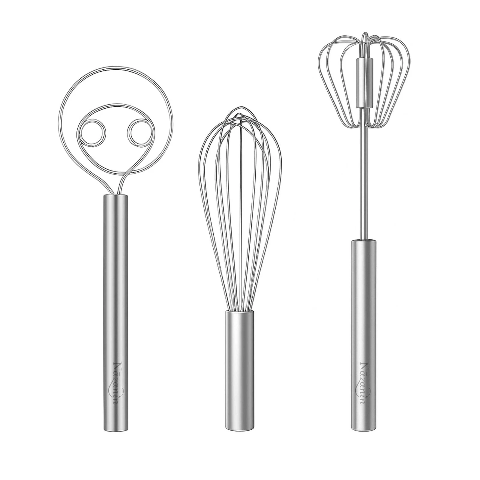 3-Piece Premium Whisk Set - 304 Stainless Steel Danish Dough Whisk, Semi-Auto...