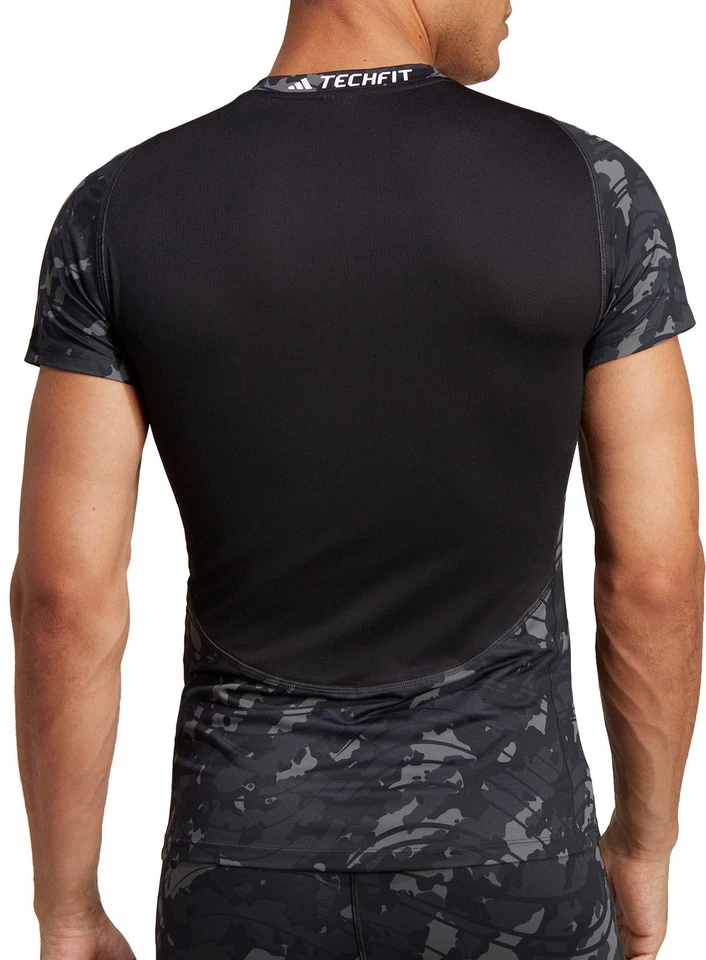 adidas Tech Fit Mens Training Top Black Short Sleeve Gym Excerise T-Shirt - Image 2 of 4