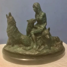 Genuine Vintage Solid Bronze Art Sculpture Girl Woman w/ Wolf Wolves by Noee