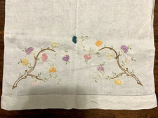 Vintage Hand Embroidered Table Runner Multicolor Florals Linen 33" x 16" Beauty 