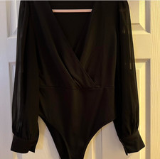 shein women's black long sleeve bodysuit size medium v-neck